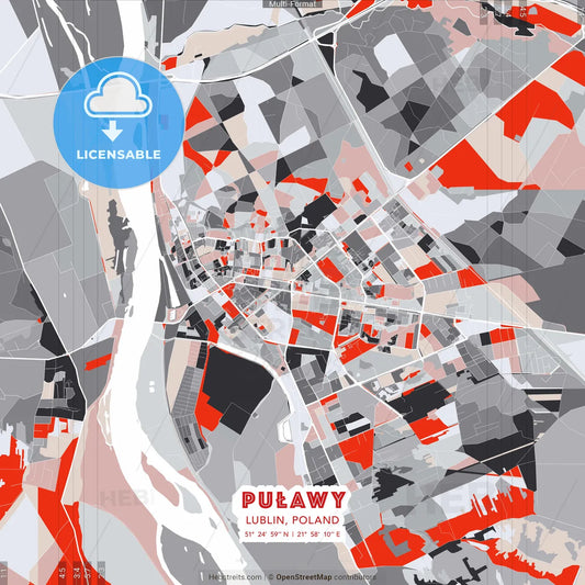 Puławy, Lublin, Poland - modern street map poster template with gray and red tones