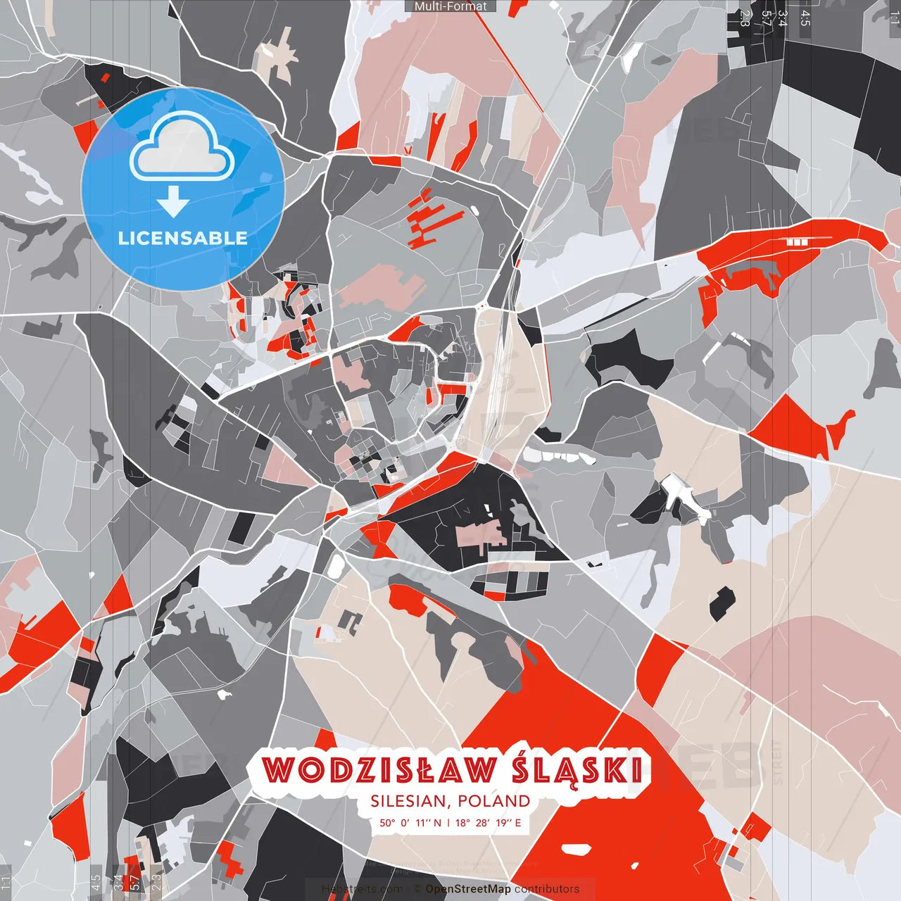 Wodzisław Śląski, Silesian, Poland - modern street map poster template with gray and red tones