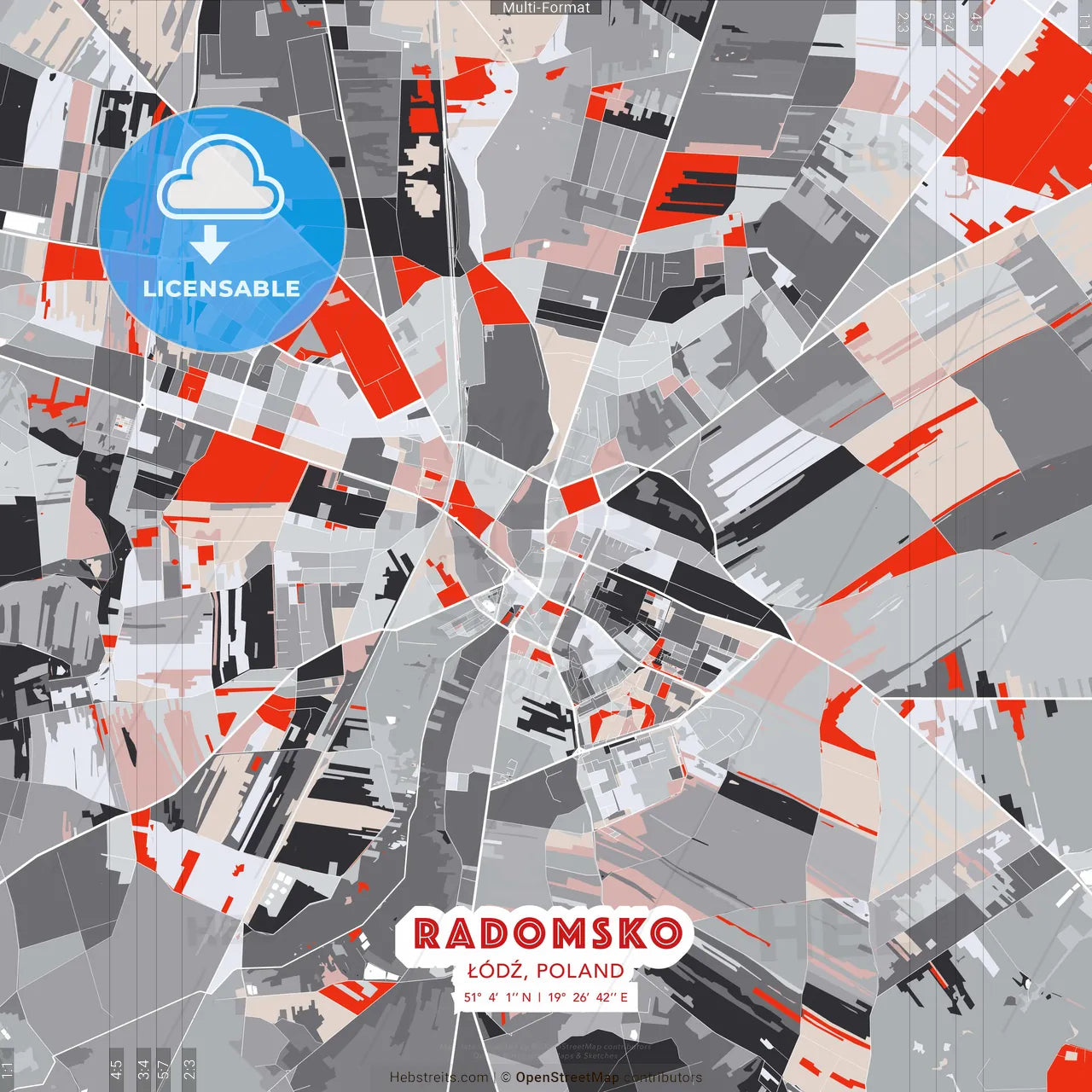Radomsko, Łódź, Poland - modern street map poster template with gray and red tones