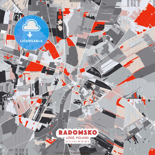 Radomsko, Łódź, Poland - modern street map poster template with gray and red tones