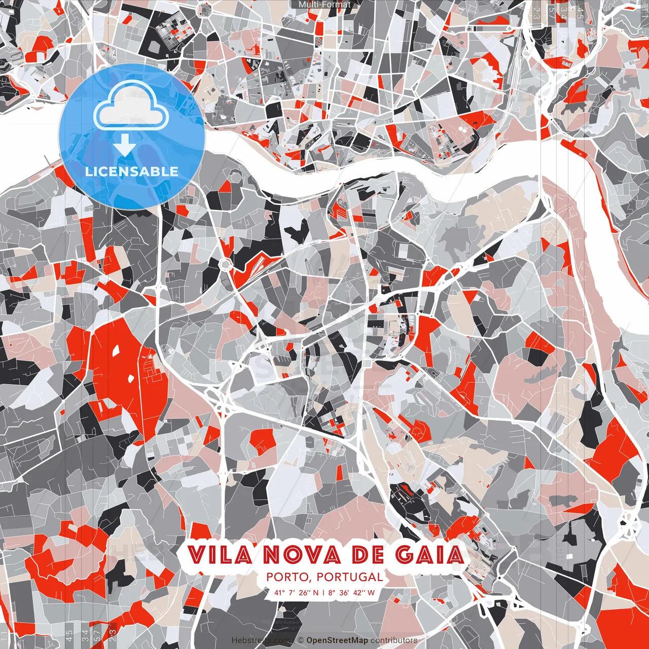 Vila Nova de Gaia, Porto, Portugal - modern street map poster template with gray and red tones