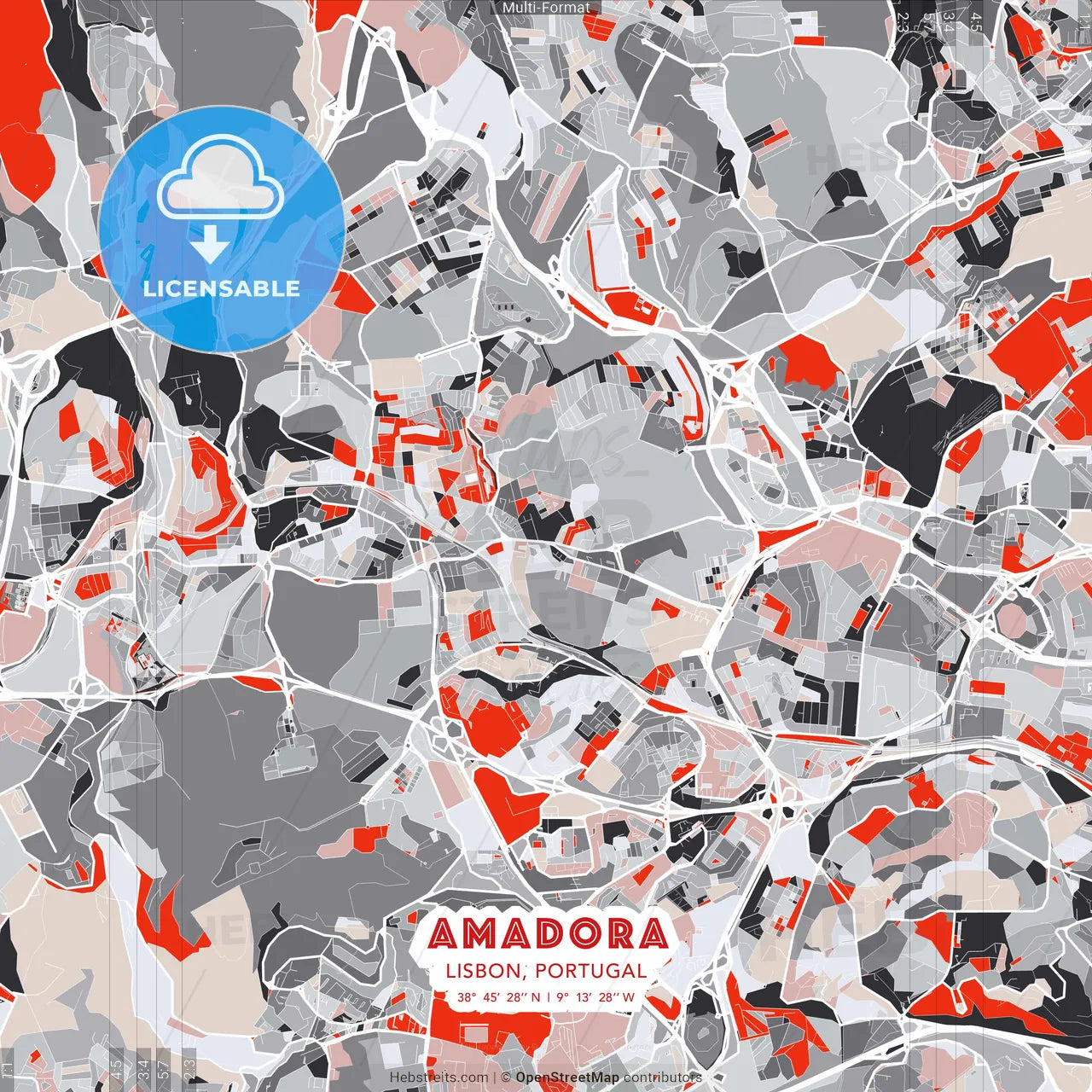 Amadora, Lisbon, Portugal - modern street map poster template with gray and red tones