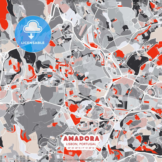 Amadora, Lisbon, Portugal - modern street map poster template with gray and red tones