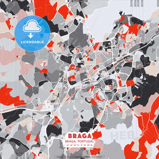 Braga, Braga, Portugal - modern street map poster template with gray and red tones