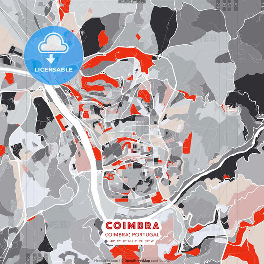 Coimbra, Coimbra, Portugal - modern street map poster template with gray and red tones