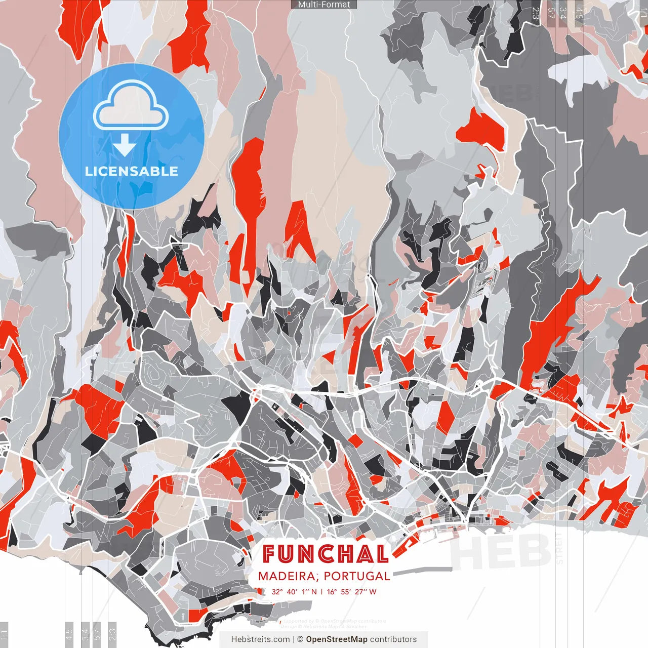 Funchal, Madeira, Portugal - modern street map poster template with gray and red tones
