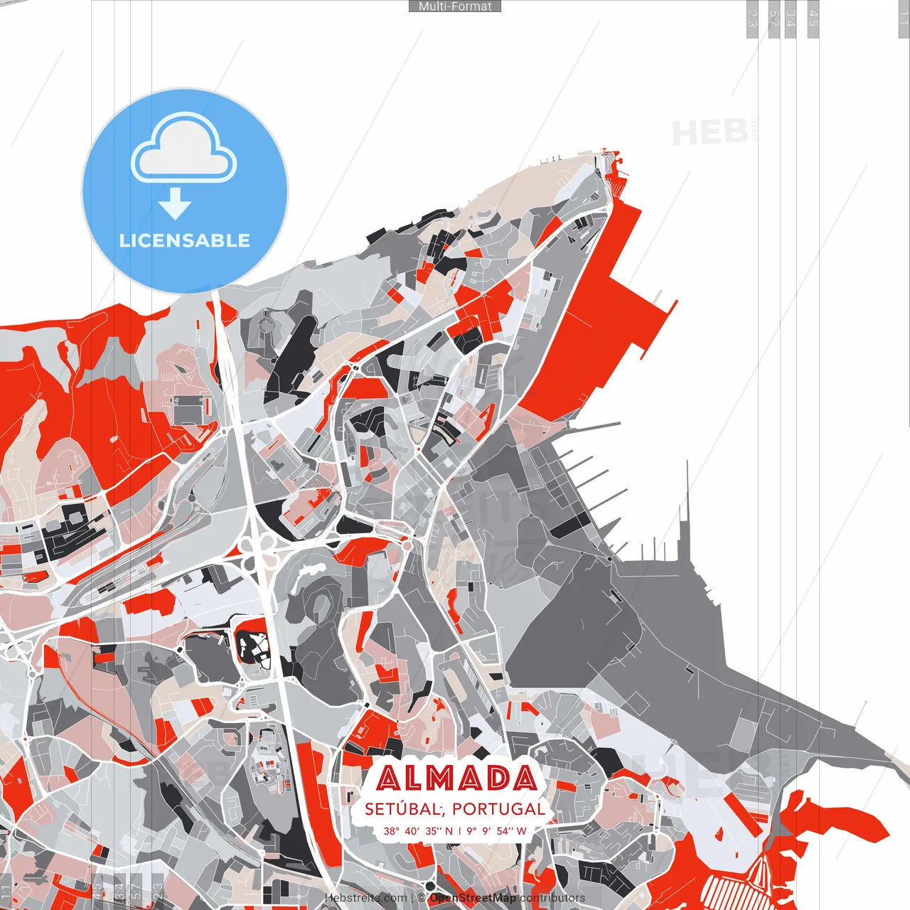 Almada, Setúbal, Portugal - modern street map poster template with gray and red tones