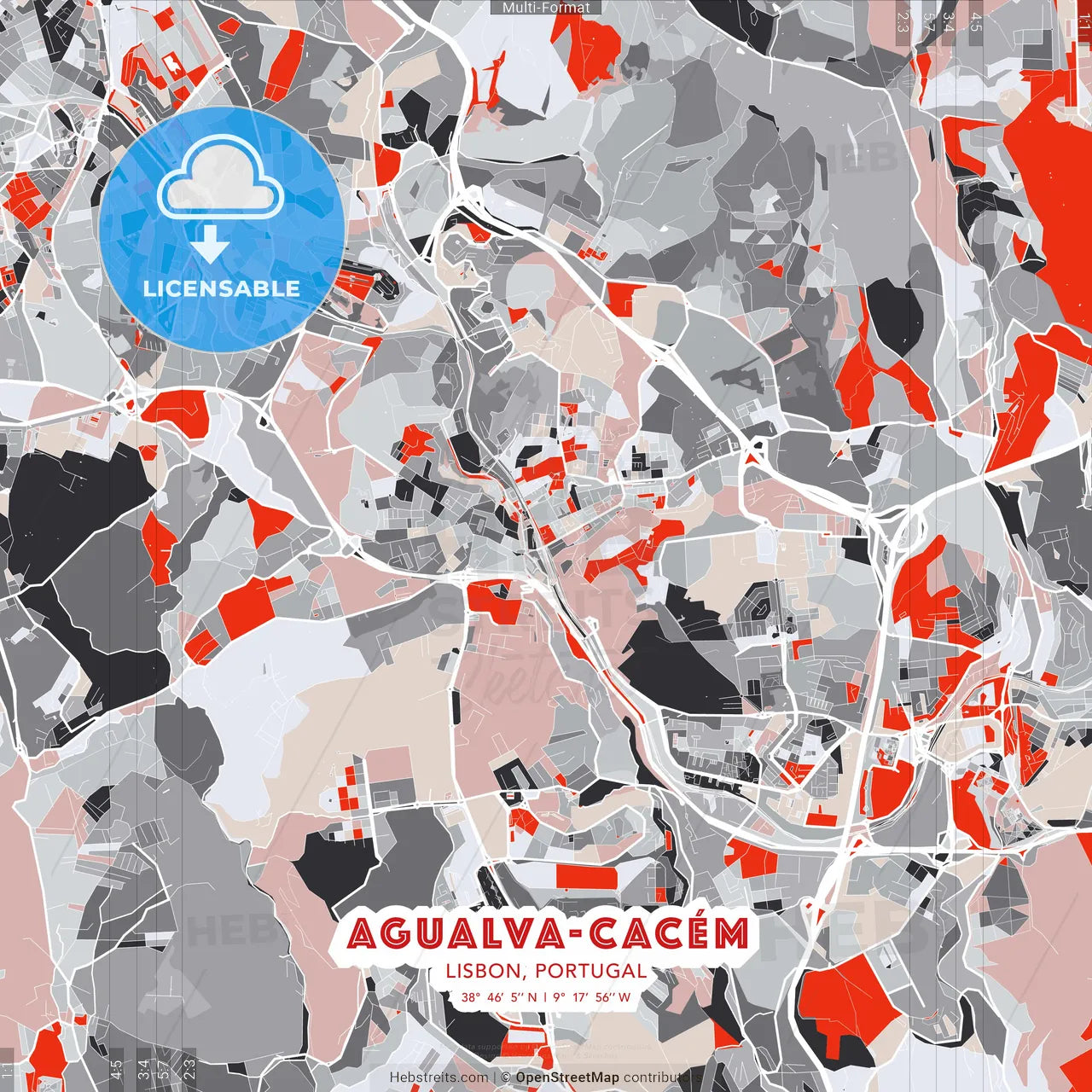 Agualva-Cacém, Lisbon, Portugal - modern street map poster template with gray and red tones
