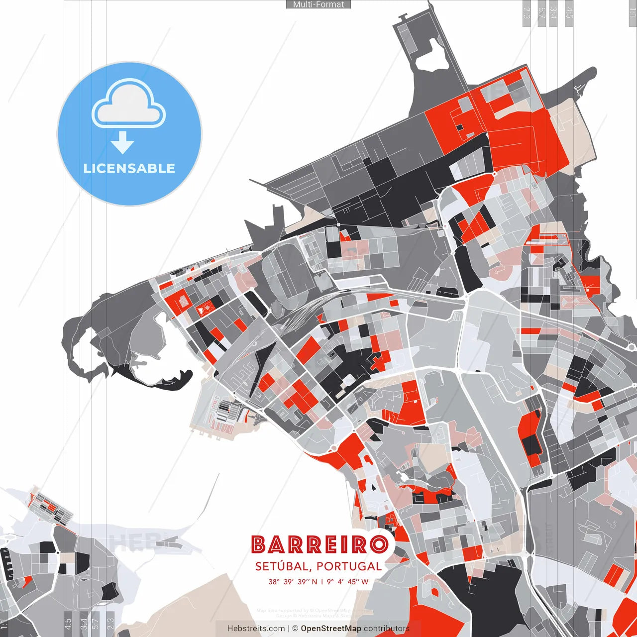 Barreiro, Setúbal, Portugal - modern street map poster template with gray and red tones