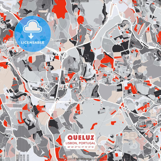 Queluz, Lisbon, Portugal - modern street map poster template with gray and red tones