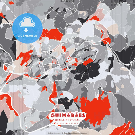 Guimarães, Braga, Portugal - modern street map poster template with gray and red tones