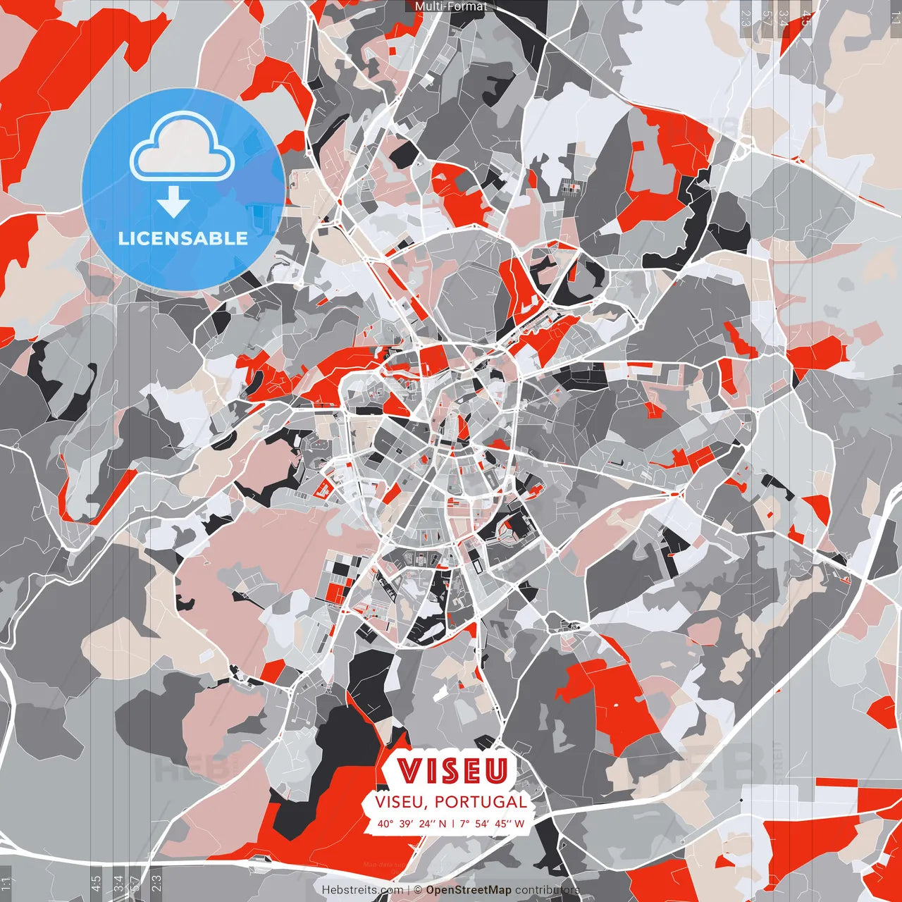 Viseu, Viseu, Portugal - modern street map poster template with gray and red tones