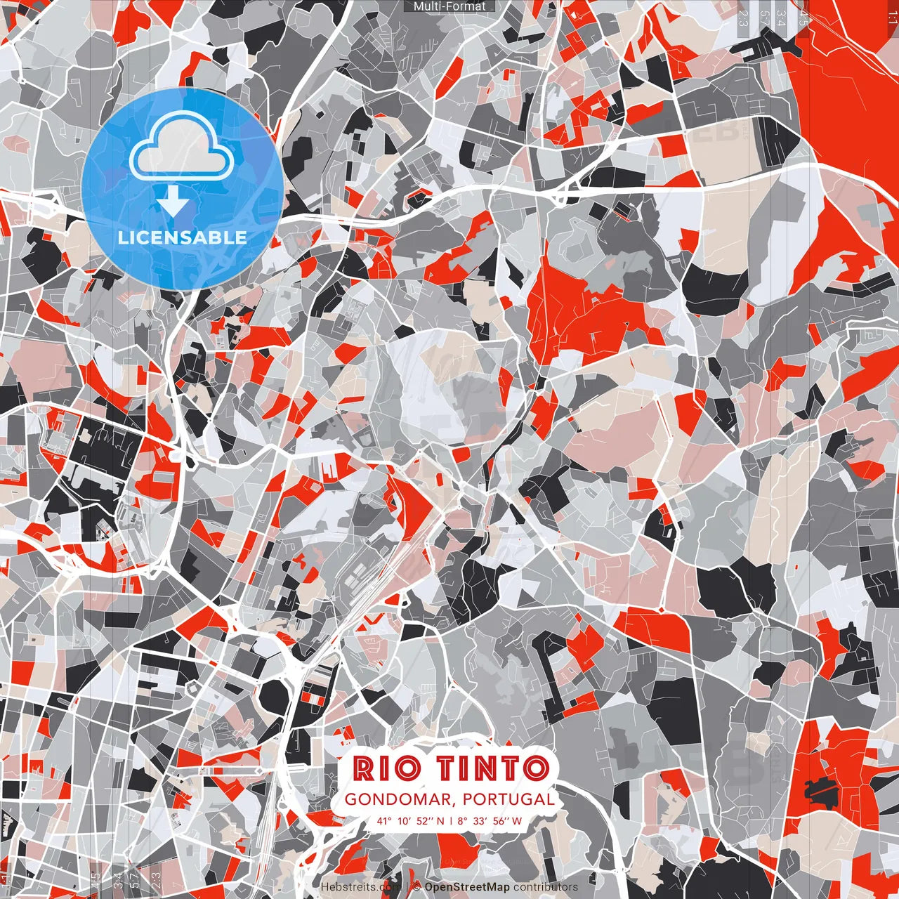 Rio Tinto, Gondomar, Portugal - modern street map poster template with gray and red tones