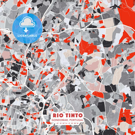 Rio Tinto, Gondomar, Portugal - modern street map poster template with gray and red tones