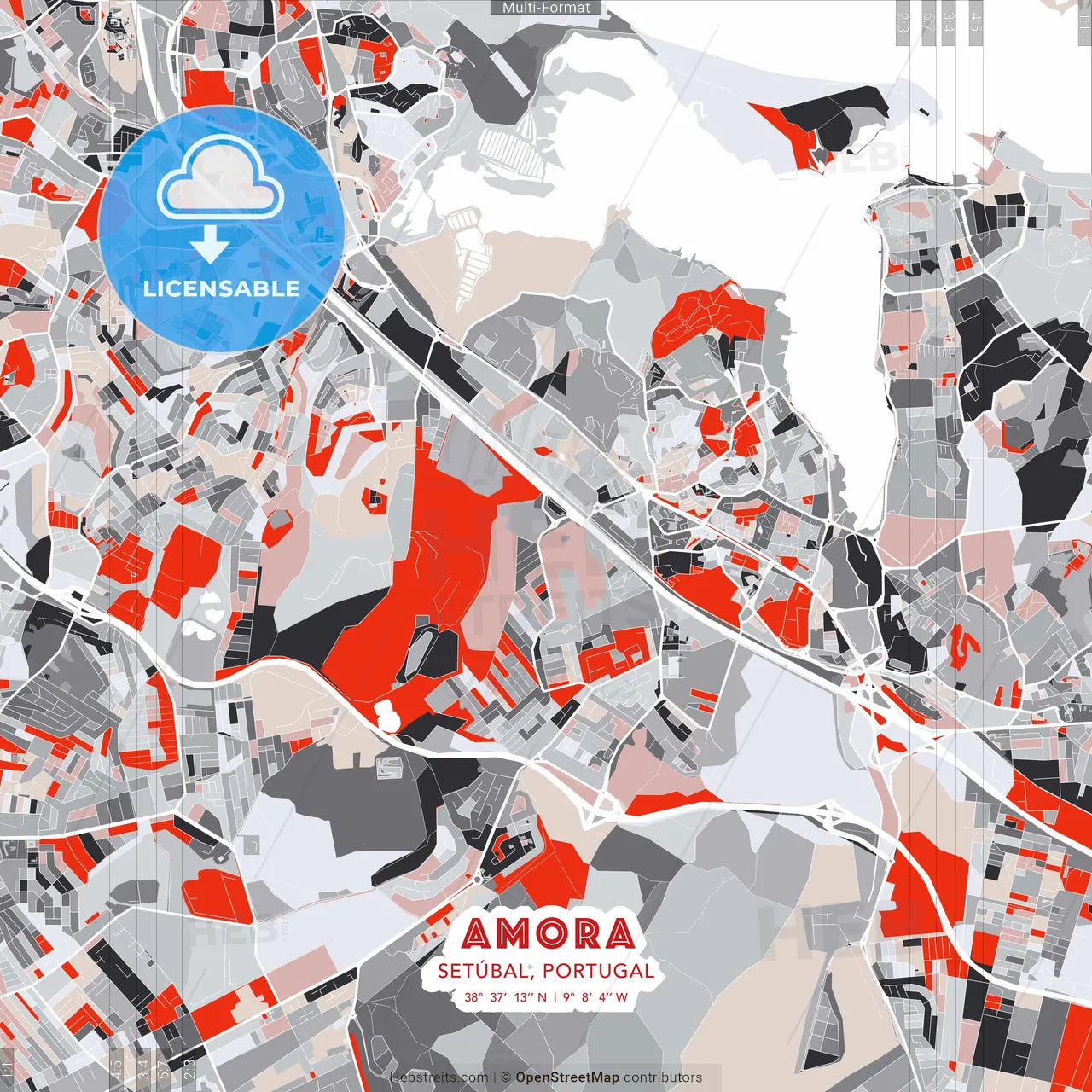 Amora, Setúbal, Portugal - modern street map poster template with gray and red tones