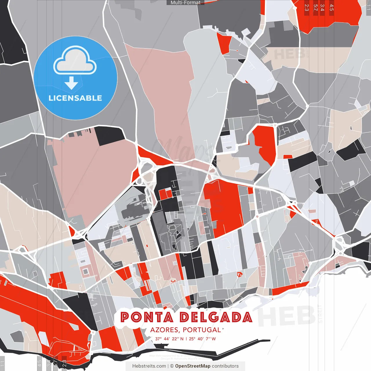 Ponta Delgada, Azores, Portugal - modern street map poster template with gray and red tones