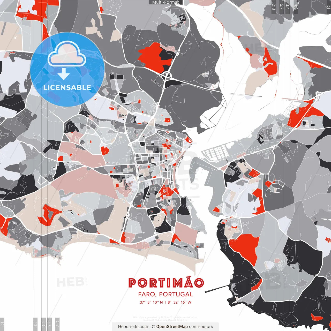 Portimão, Faro, Portugal - modern street map poster template with gray and red tones