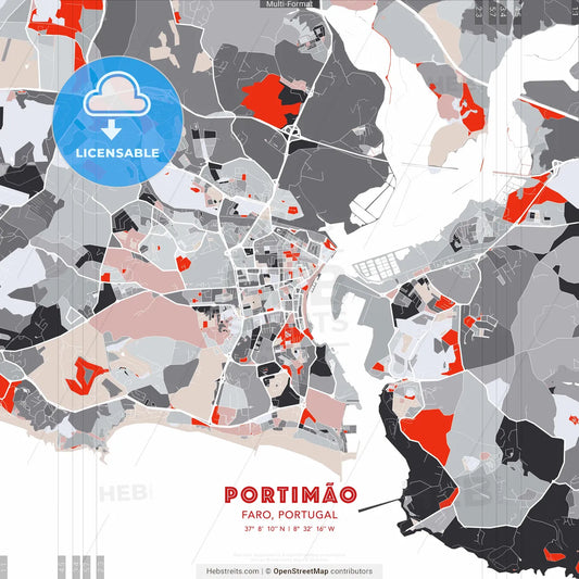 Portimão, Faro, Portugal - modern street map poster template with gray and red tones
