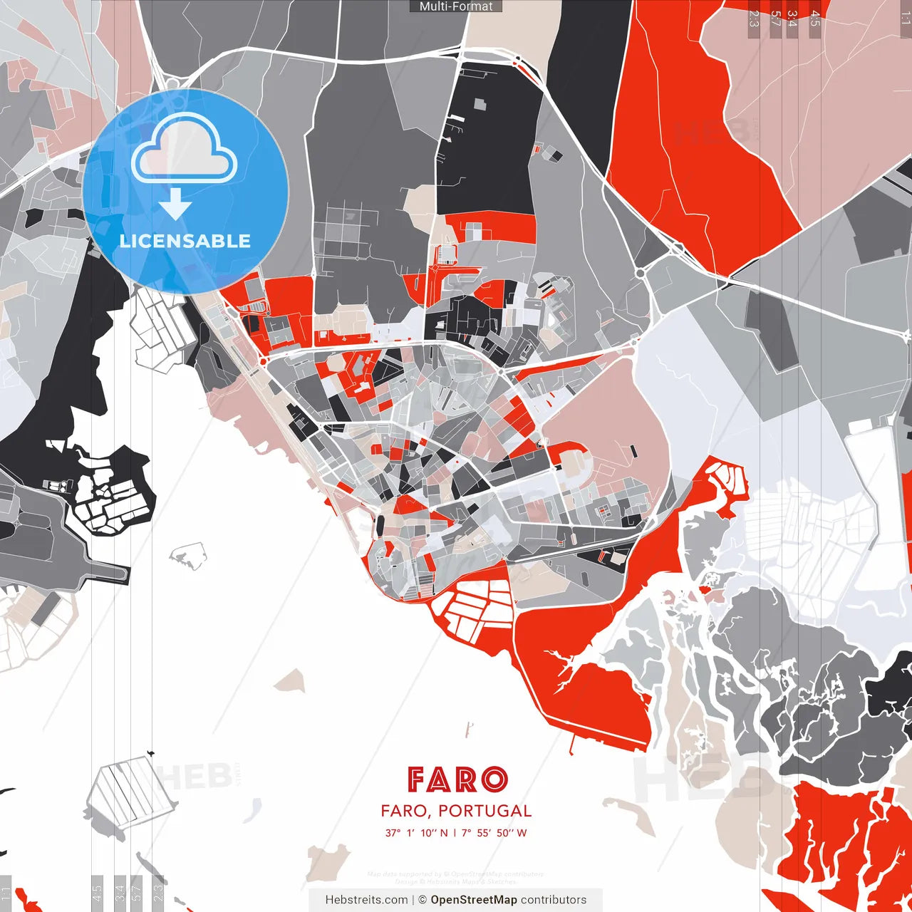 Faro, Faro, Portugal - modern street map poster template with gray and red tones