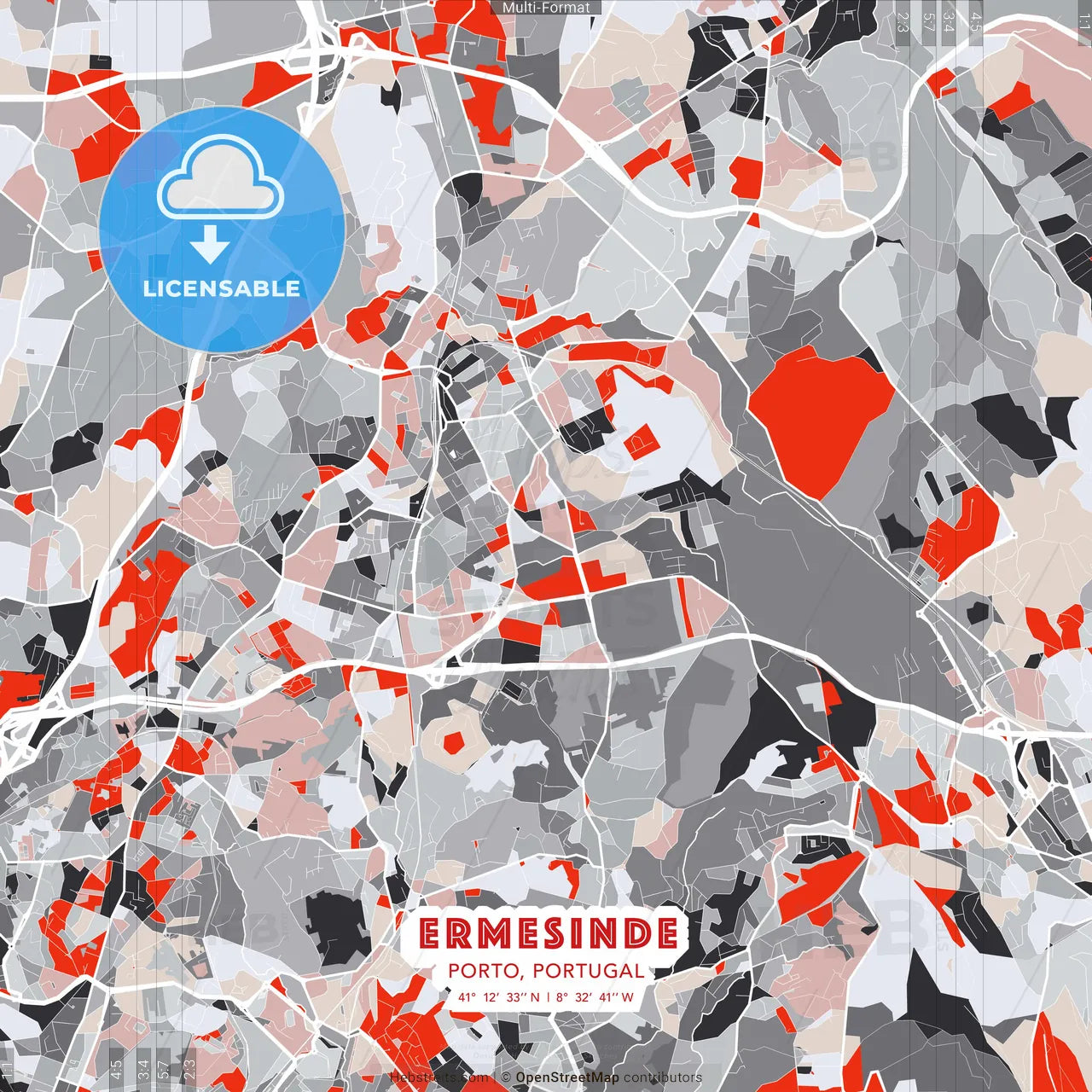 Ermesinde, Porto, Portugal - modern street map poster template with gray and red tones