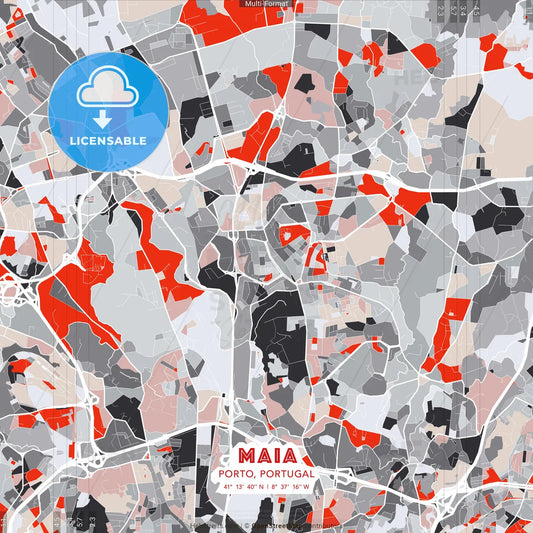 Maia, Porto, Portugal - modern street map poster template with gray and red tones