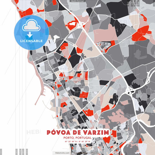 Póvoa de Varzim, Porto, Portugal - modern street map poster template with gray and red tones