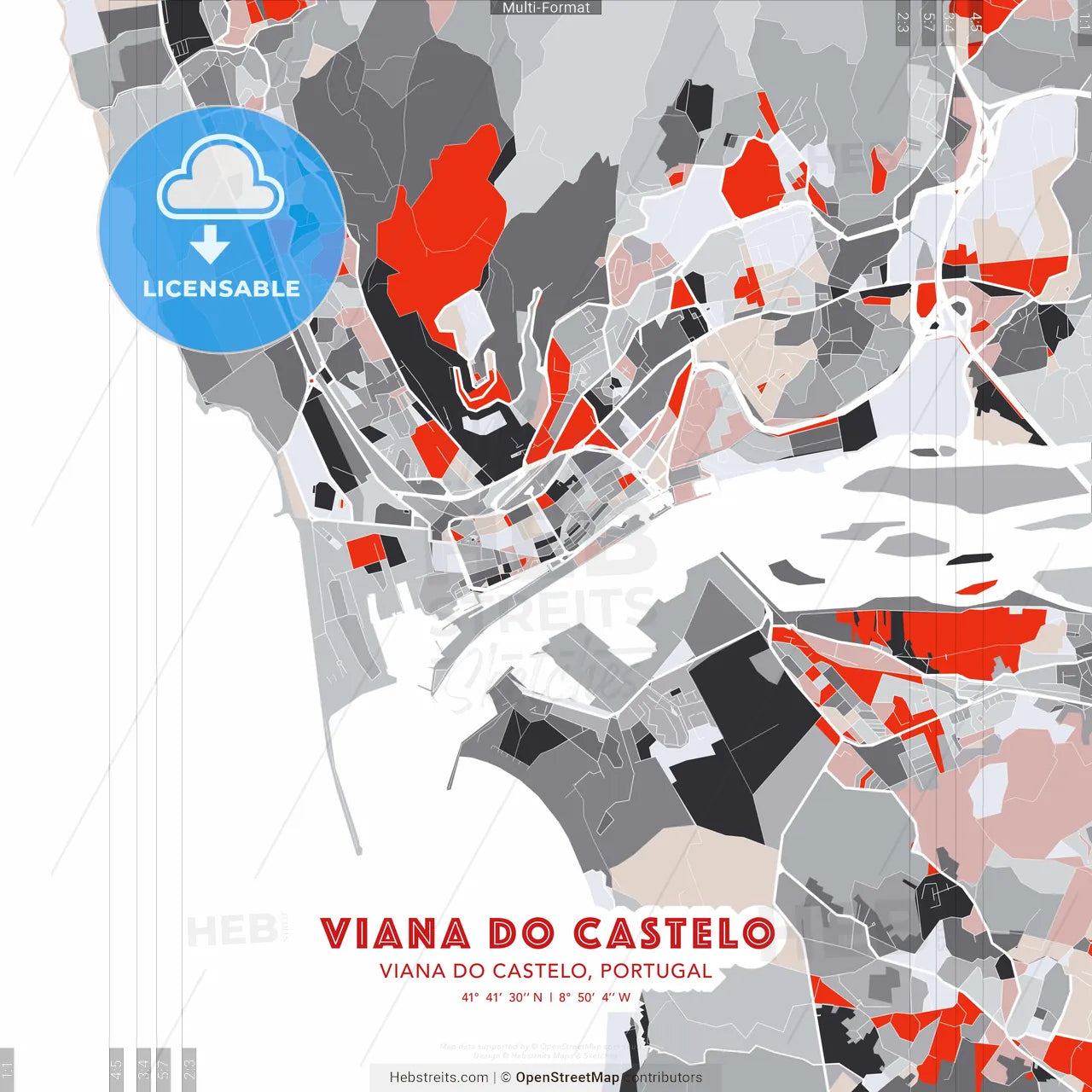Viana do Castelo, Viana do Castelo, Portugal - modern street map poster template with gray and red tones
