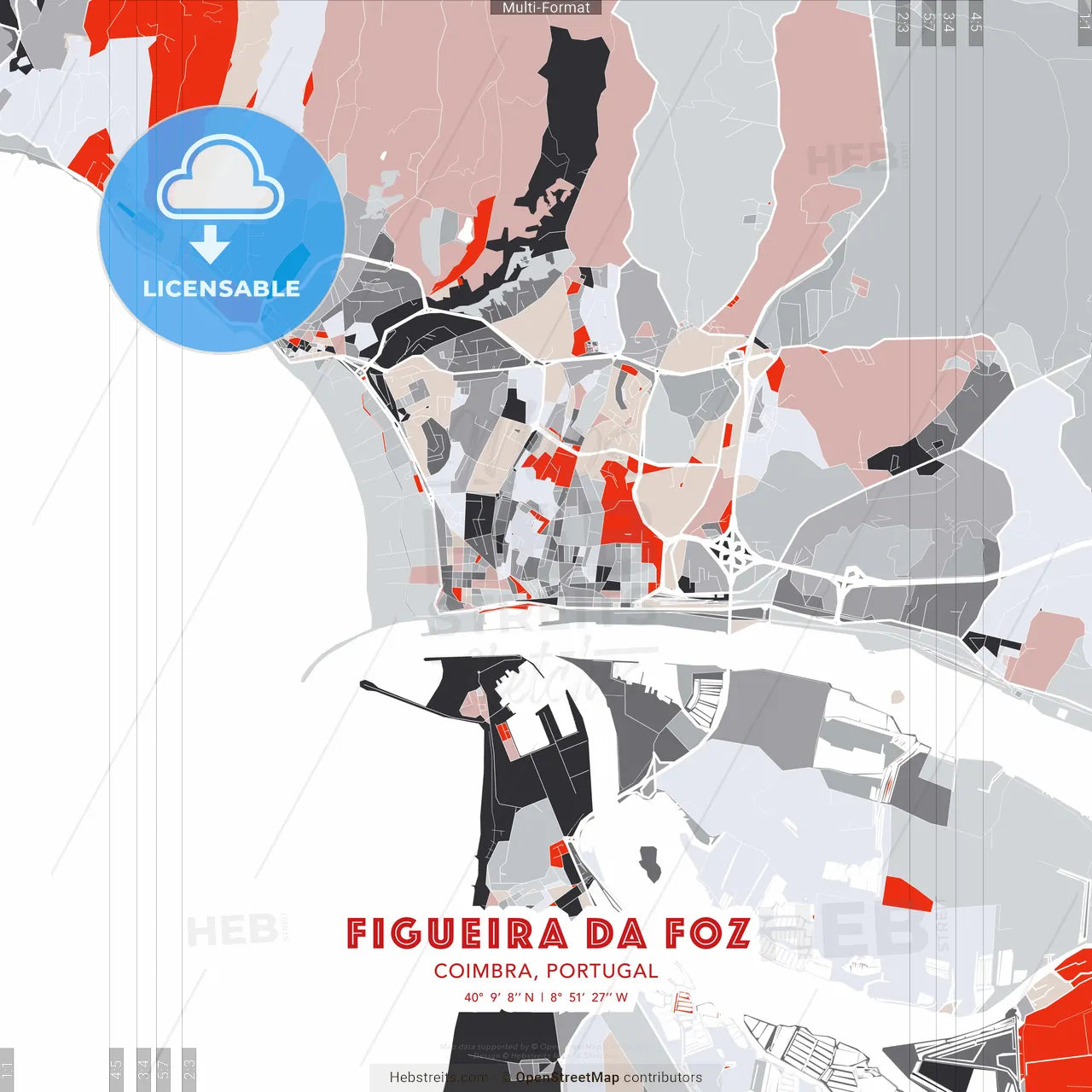 Figueira da Foz, Coimbra, Portugal - modern street map poster template with gray and red tones