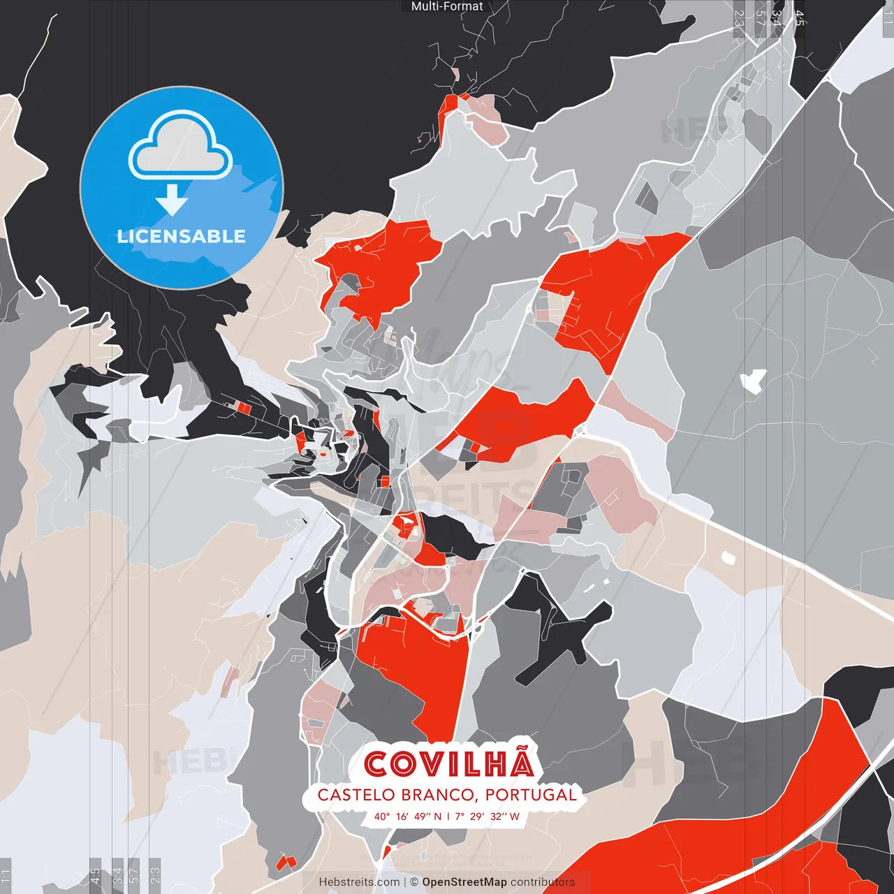 Covilhã, Castelo Branco, Portugal - modern street map poster template with gray and red tones