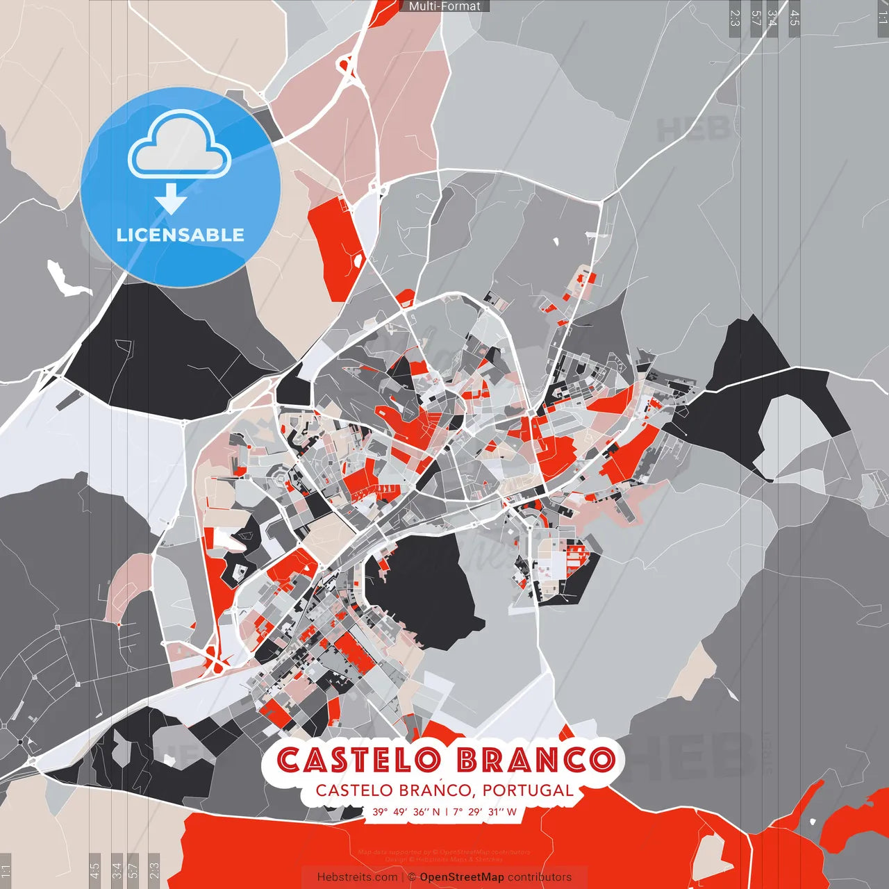 Castelo Branco, Castelo Branco, Portugal - modern street map poster template with gray and red tones