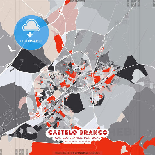 Castelo Branco, Castelo Branco, Portugal - modern street map poster template with gray and red tones