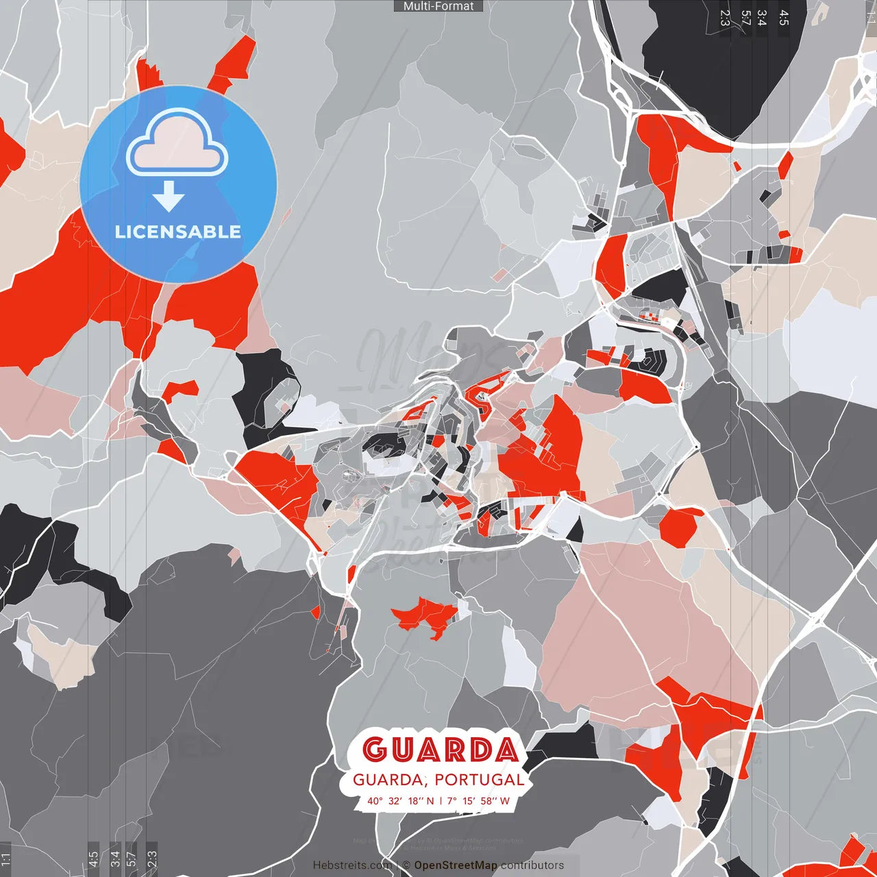 Guarda, Guarda, Portugal - modern street map poster template with gray and red tones