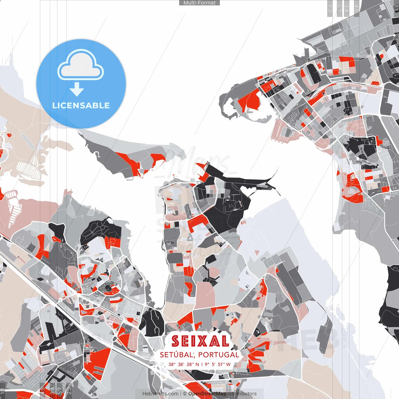 Seixal, Setúbal, Portugal - modern street map poster template with gray and red tones