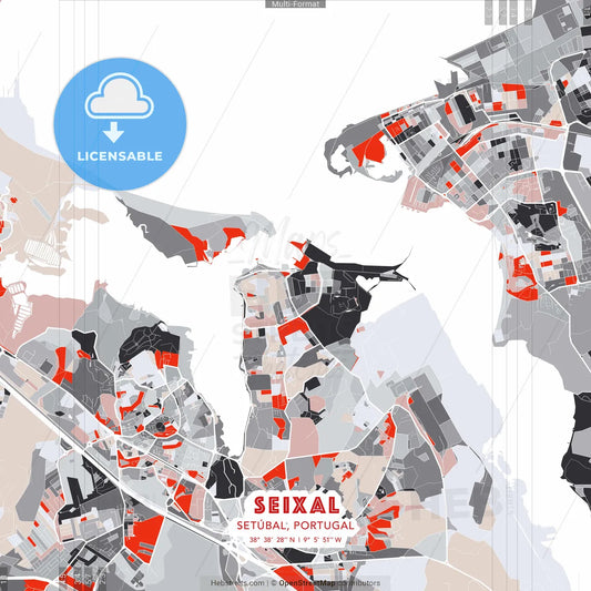 Seixal, Setúbal, Portugal - modern street map poster template with gray and red tones