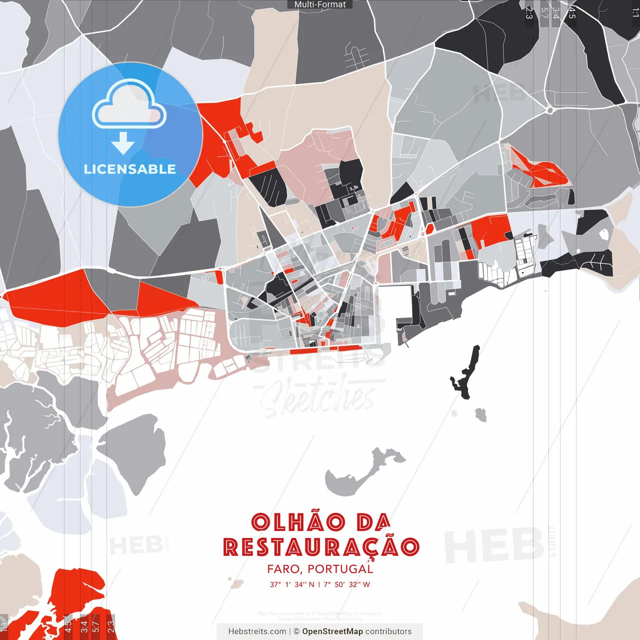 Olhão da Restauração, Faro, Portugal - modern street map poster template with gray and red tones