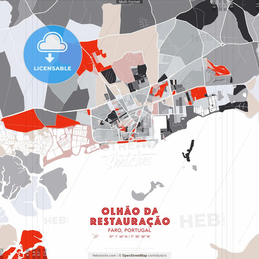 Olhão da Restauração, Faro, Portugal - modern street map poster template with gray and red tones