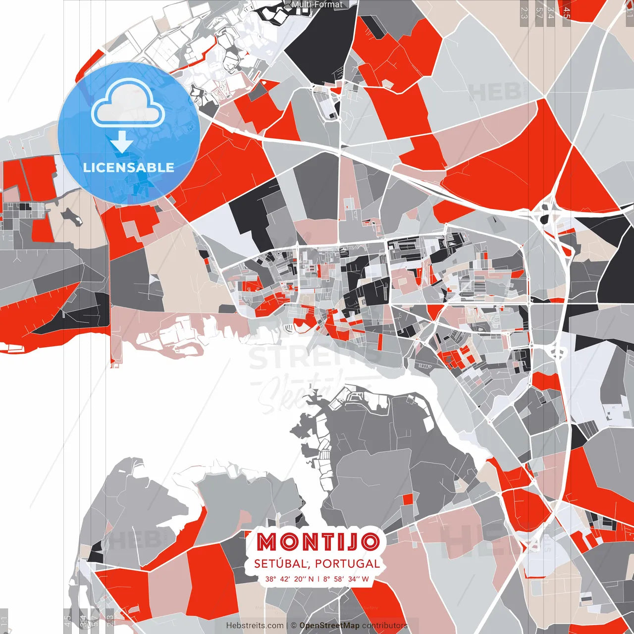Montijo, Setúbal, Portugal - modern street map poster template with gray and red tones