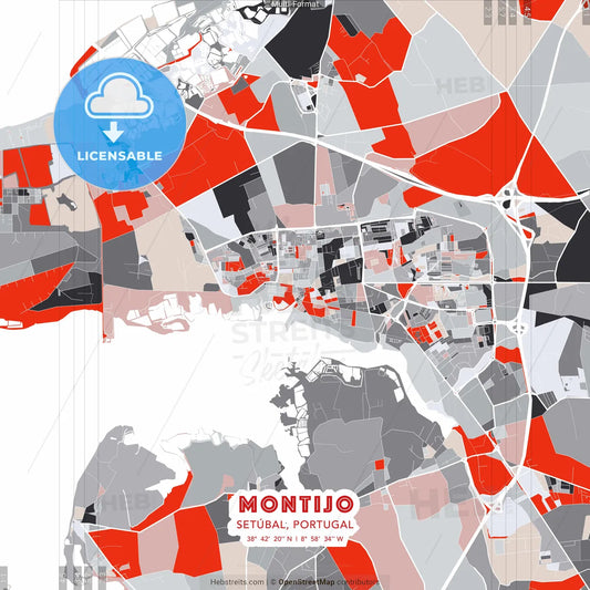 Montijo, Setúbal, Portugal - modern street map poster template with gray and red tones