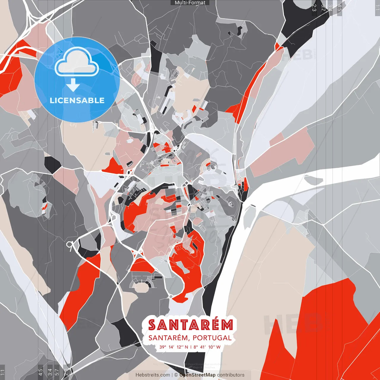 Santarém, Santarém, Portugal - modern street map poster template with gray and red tones