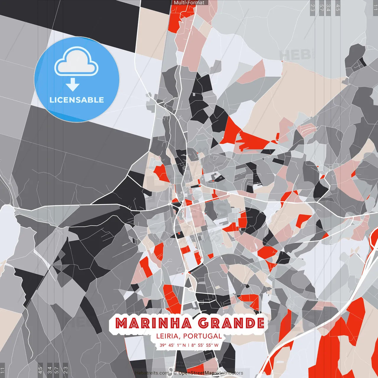 Marinha Grande, Leiria, Portugal - modern street map poster template with gray and red tones