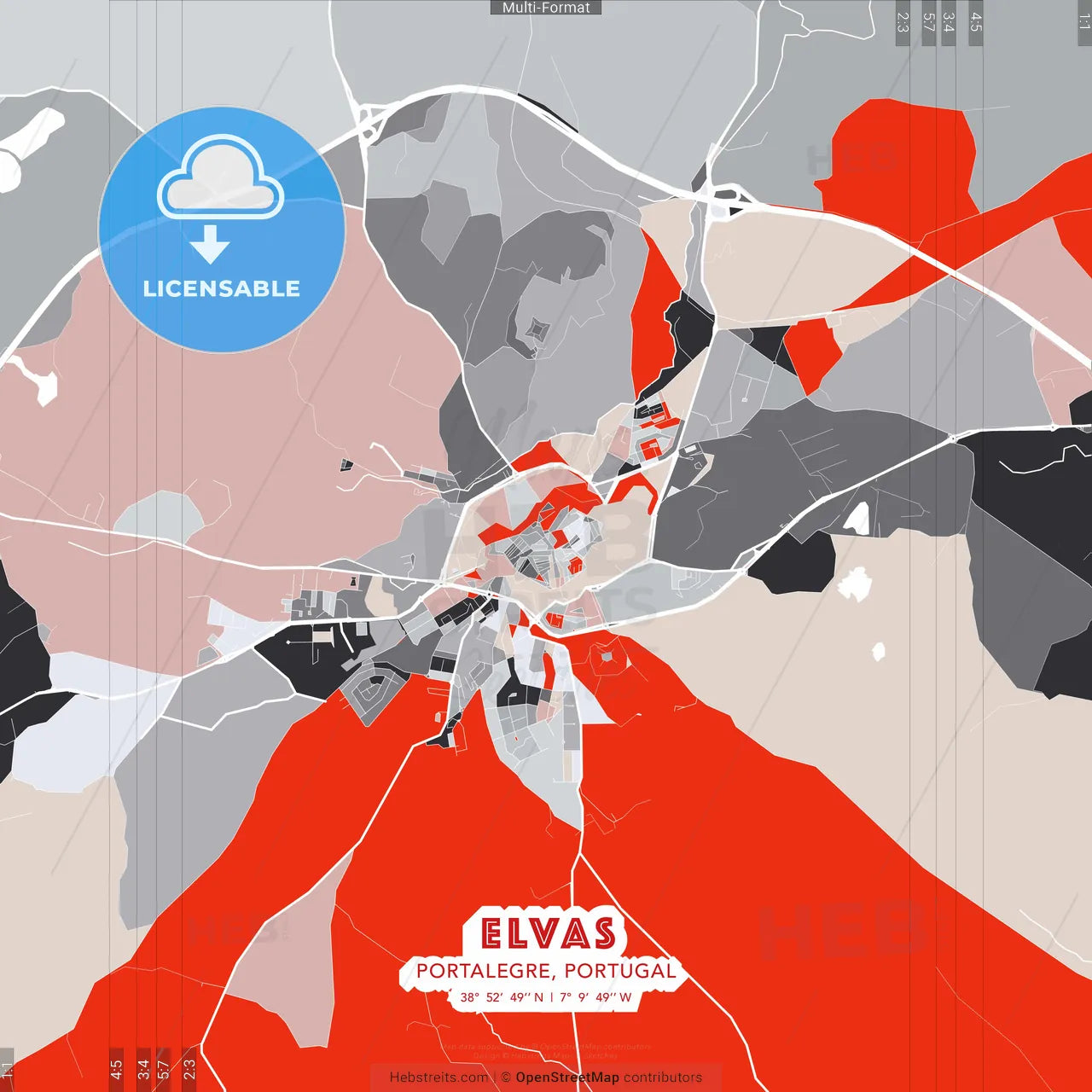 Elvas, Portalegre, Portugal - modern street map poster template with gray and red tones