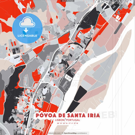 Póvoa de Santa Iria, Lisbon, Portugal - modern street map poster template with gray and red tones