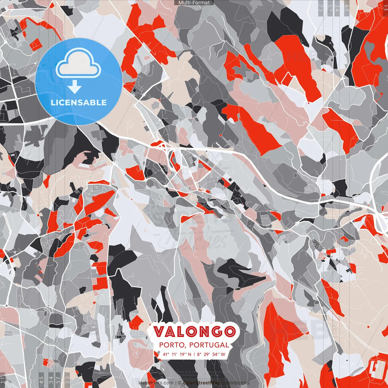 Valongo, Porto, Portugal - modern street map poster template with gray and red tones