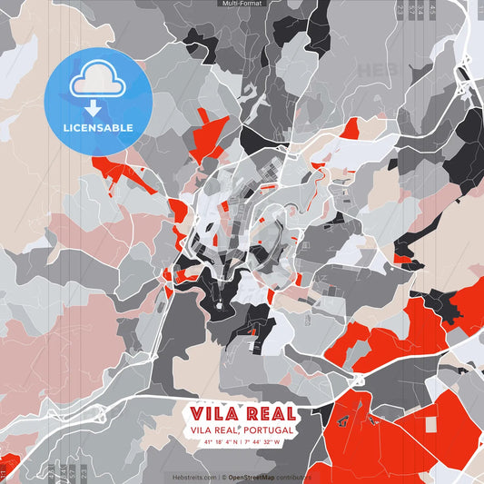Vila Real, Vila Real, Portugal - modern street map poster template with gray and red tones