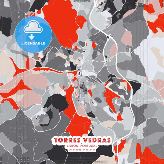 Torres Vedras, Lisbon, Portugal - modern street map poster template with gray and red tones