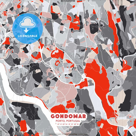 Gondomar, Porto, Portugal - modern street map poster template with gray and red tones