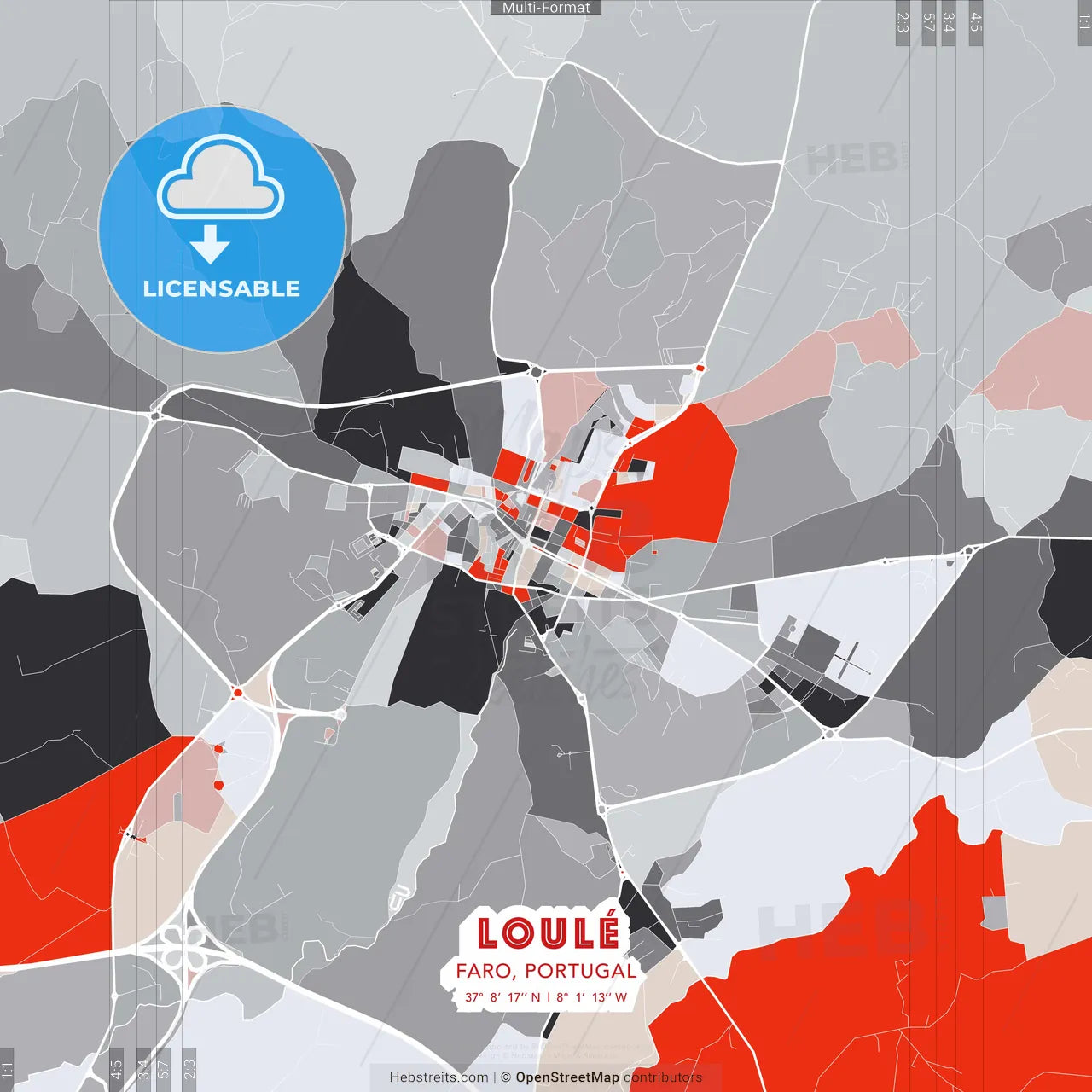 Loulé, Faro, Portugal - modern street map poster template with gray and red tones
