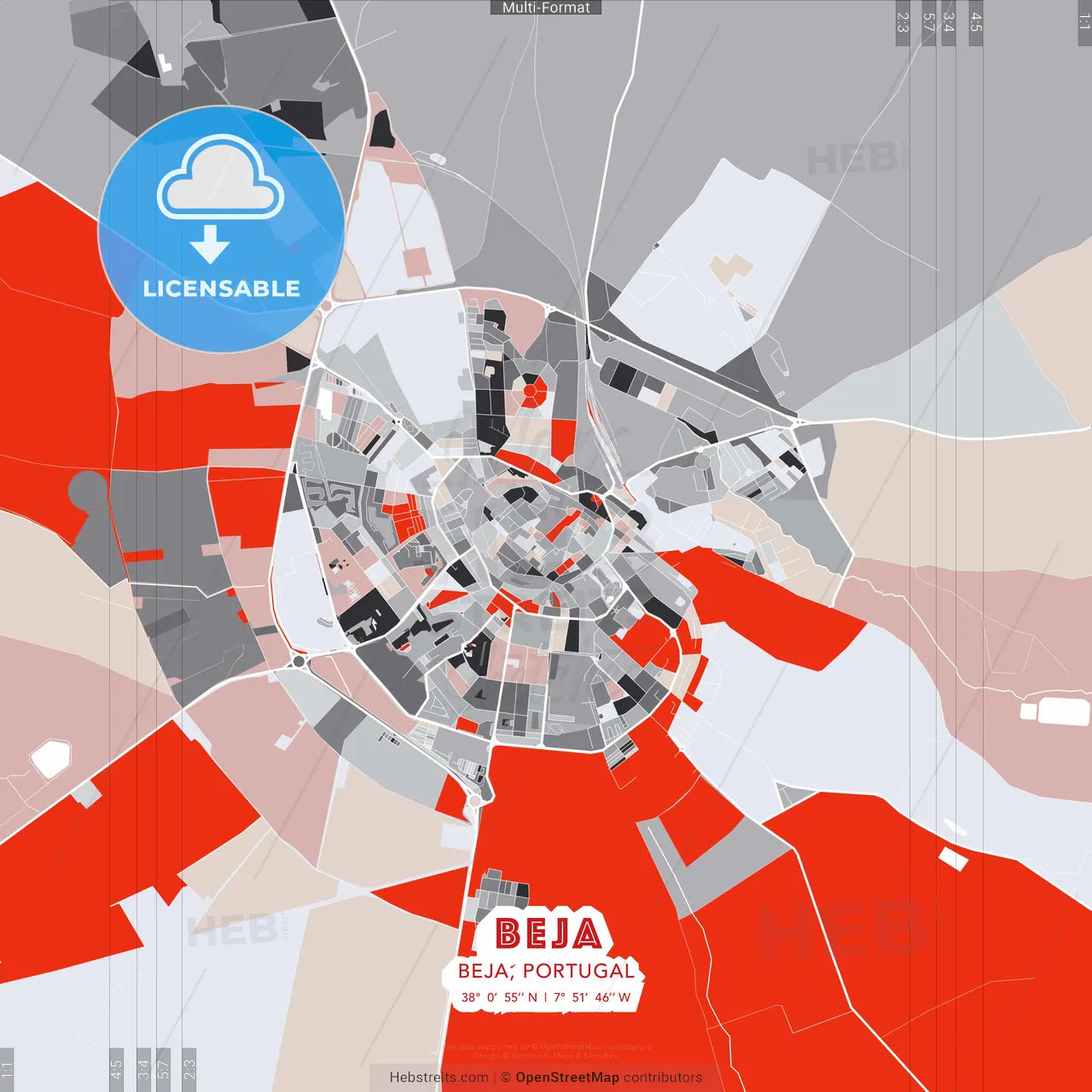 Beja, Beja, Portugal - modern street map poster template with gray and red tones