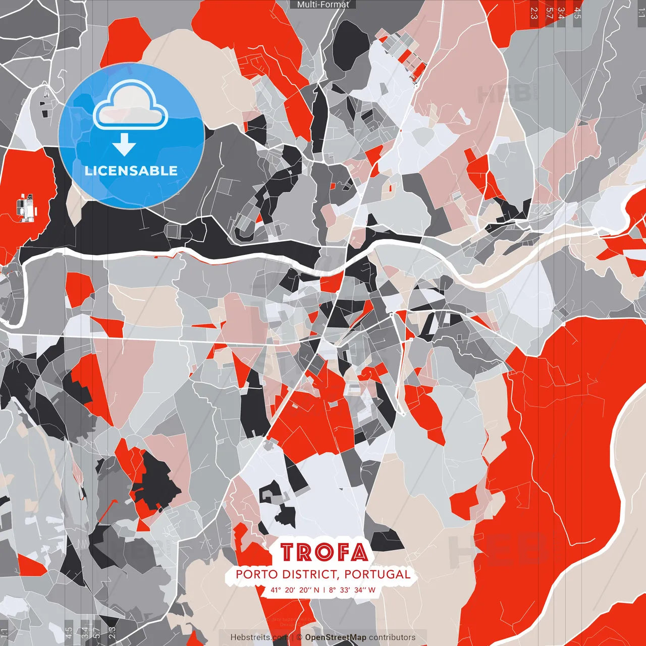 Trofa, Porto District, Portugal - modern street map poster template with gray and red tones