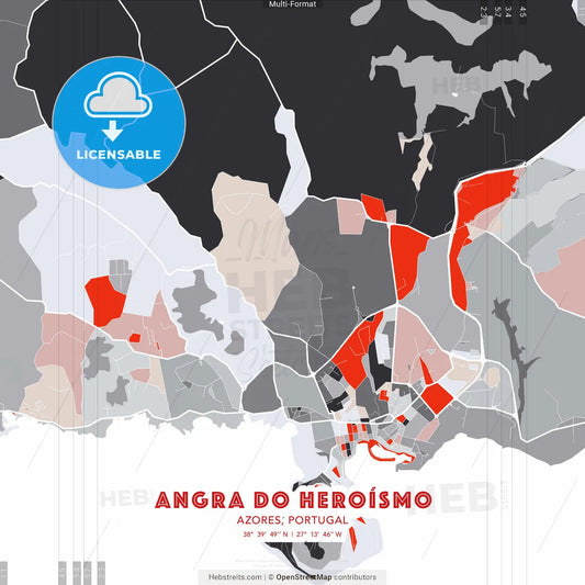 Angra do Heroísmo, Azores, Portugal - modern street map poster template with gray and red tones